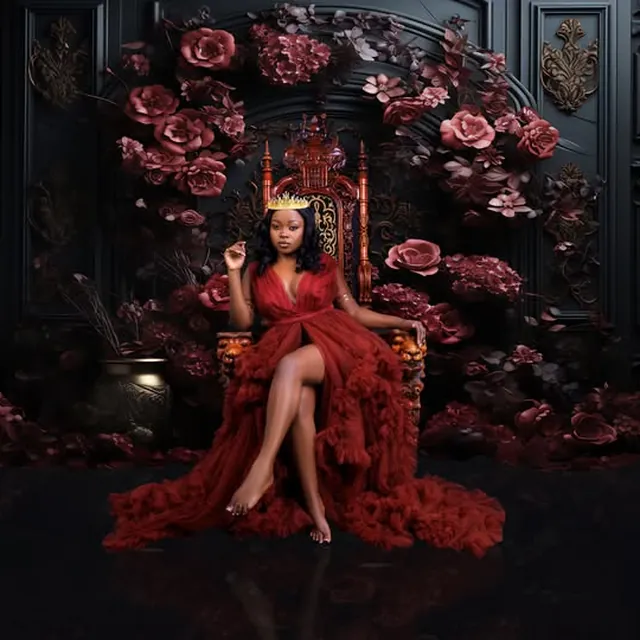 Creative studio portrait, red tulle gown and gold crown